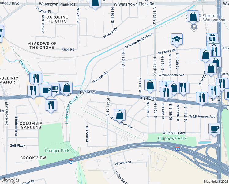 map of restaurants, bars, coffee shops, grocery stores, and more near 12000 U.S. 18 in Wauwatosa