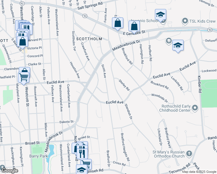 map of restaurants, bars, coffee shops, grocery stores, and more near 339 Scott Avenue in Syracuse