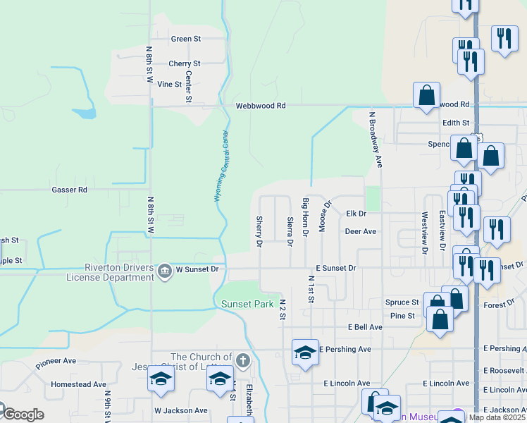 map of restaurants, bars, coffee shops, grocery stores, and more near 1108 Westwood Drive in Riverton