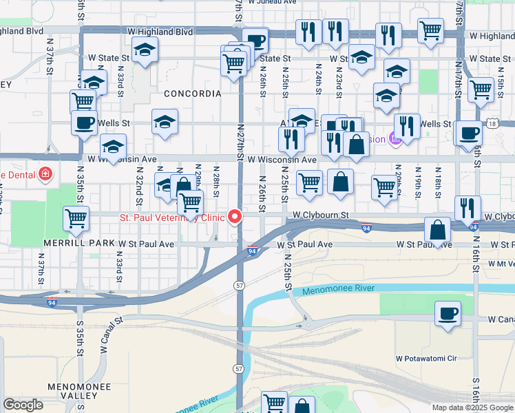 map of restaurants, bars, coffee shops, grocery stores, and more near 511 North 26th Street in Milwaukee