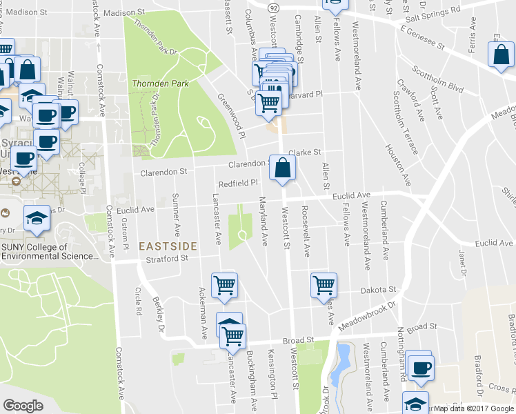 map of restaurants, bars, coffee shops, grocery stores, and more near 800 Maryland Avenue in Syracuse