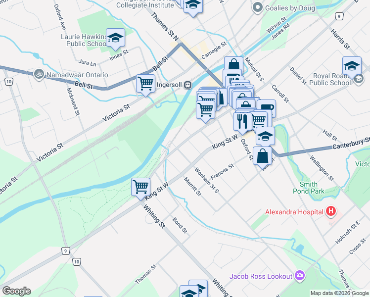 map of restaurants, bars, coffee shops, grocery stores, and more near 118 Albert Street in Ingersoll