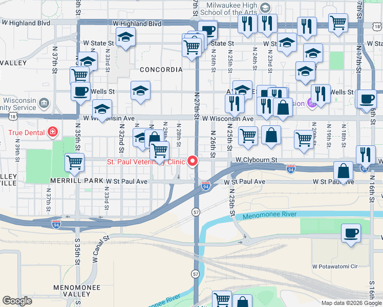map of restaurants, bars, coffee shops, grocery stores, and more near 509 North 27th Street in Milwaukee