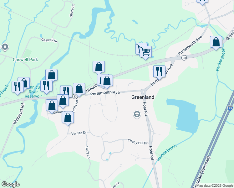 map of restaurants, bars, coffee shops, grocery stores, and more near 529 Portsmouth Avenue in Greenland