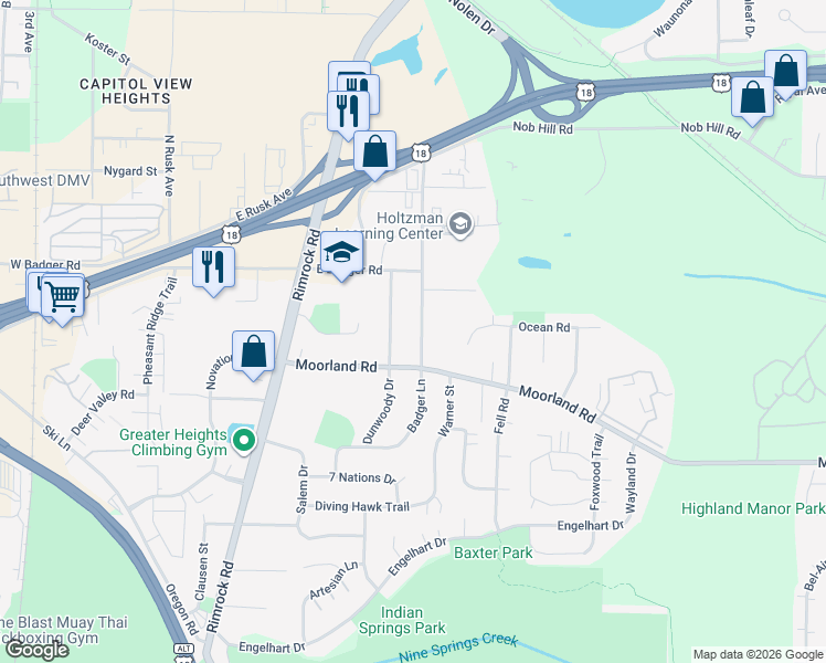 map of restaurants, bars, coffee shops, grocery stores, and more near 2610 Badger Lane in Madison