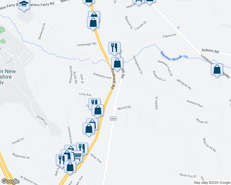 map of restaurants, bars, coffee shops, grocery stores, and more near 130 Mammoth Road in Hooksett