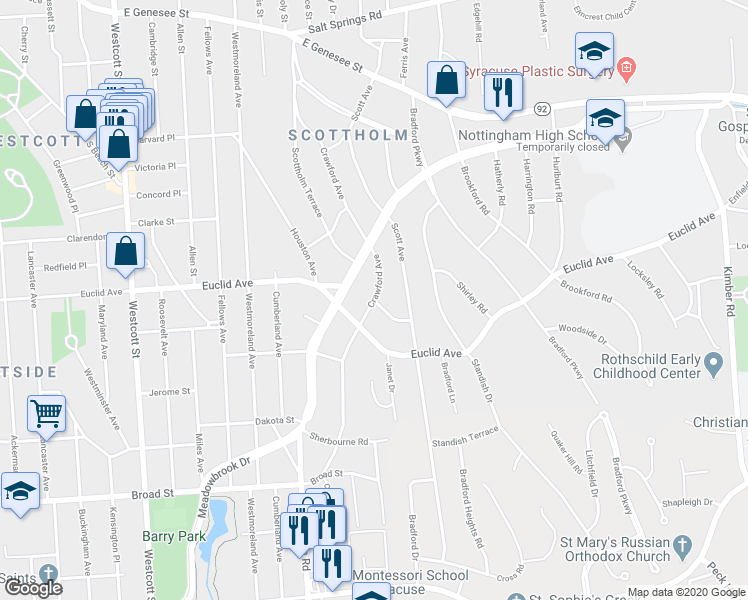 map of restaurants, bars, coffee shops, grocery stores, and more near Crawford Ave & Mineola Dr in Syracuse