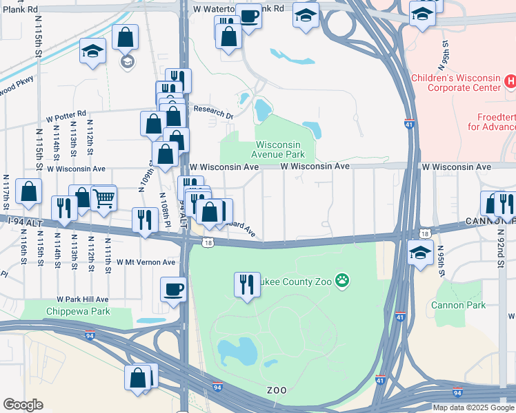 map of restaurants, bars, coffee shops, grocery stores, and more near 535 North 104th Street in Wauwatosa