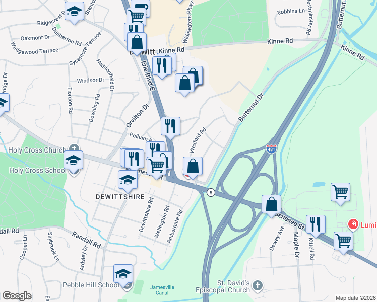 map of restaurants, bars, coffee shops, grocery stores, and more near 19 Wexford Road in Syracuse