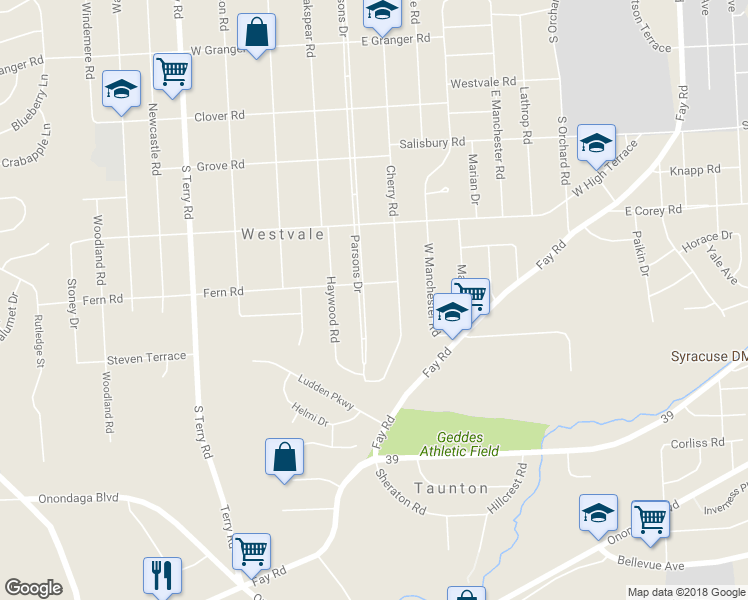map of restaurants, bars, coffee shops, grocery stores, and more near 605 Parsons Drive in Syracuse