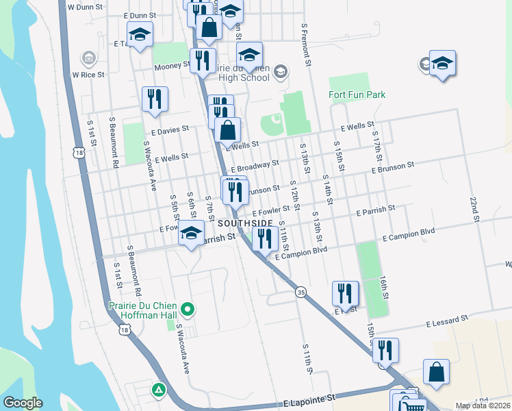map of restaurants, bars, coffee shops, grocery stores, and more near 1215 South 10th Street in Prairie du Chien