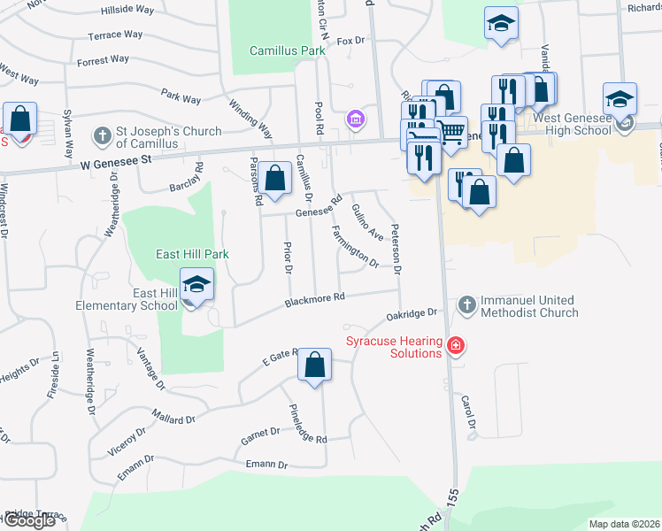 map of restaurants, bars, coffee shops, grocery stores, and more near 107 Saint George Drive in Camillus
