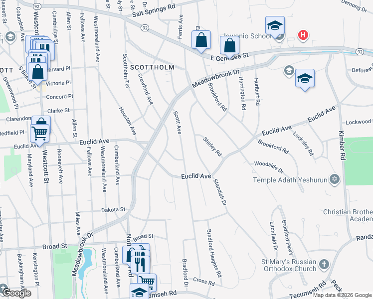 map of restaurants, bars, coffee shops, grocery stores, and more near 339 Scott Avenue in Syracuse
