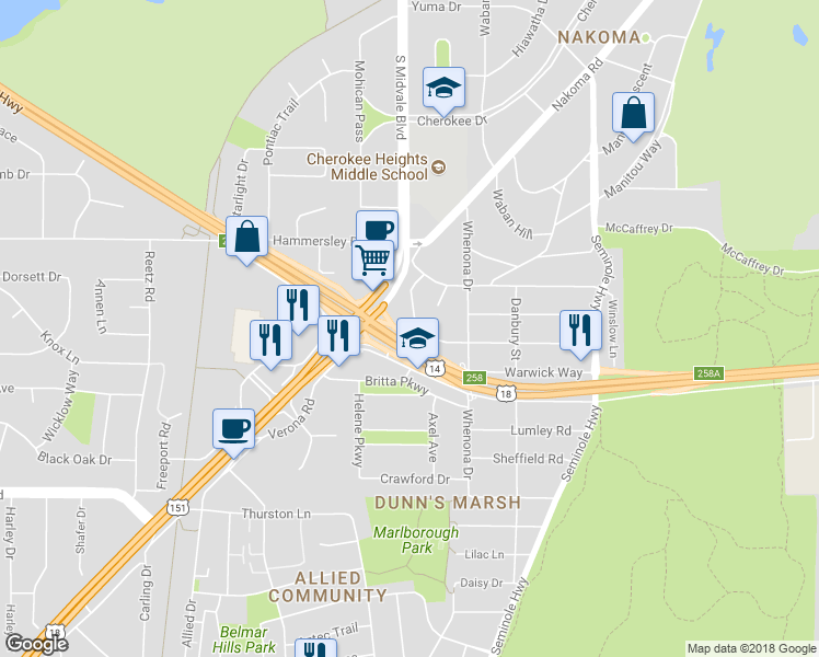 map of restaurants, bars, coffee shops, grocery stores, and more near 4335 Doncaster Drive in Madison