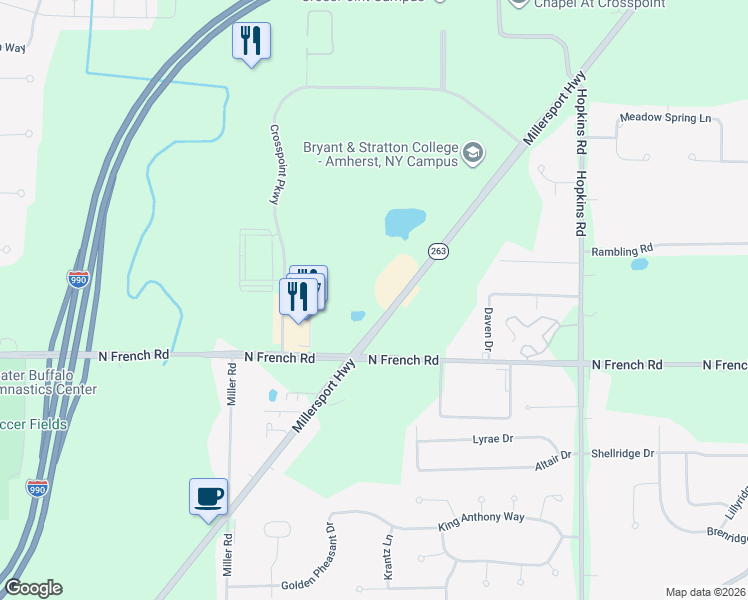 map of restaurants, bars, coffee shops, grocery stores, and more near 3400 Millersport Highway in Erie County