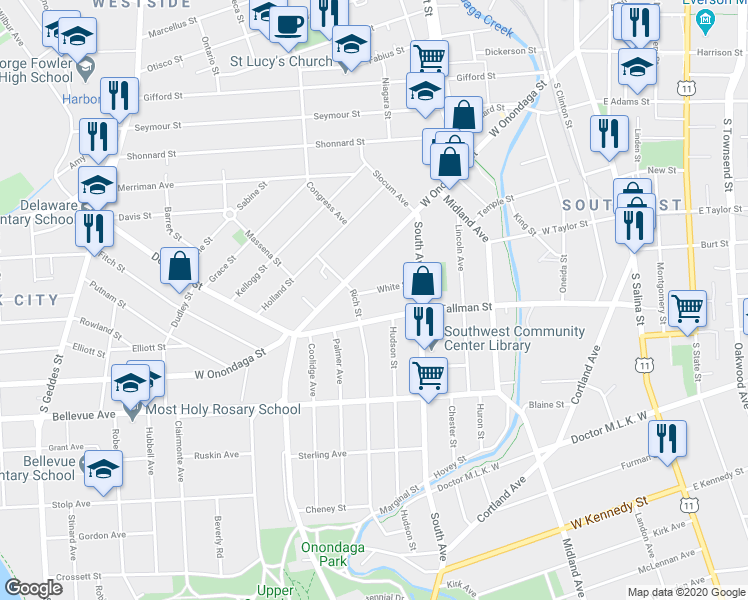 map of restaurants, bars, coffee shops, grocery stores, and more near 123 White Street in Syracuse