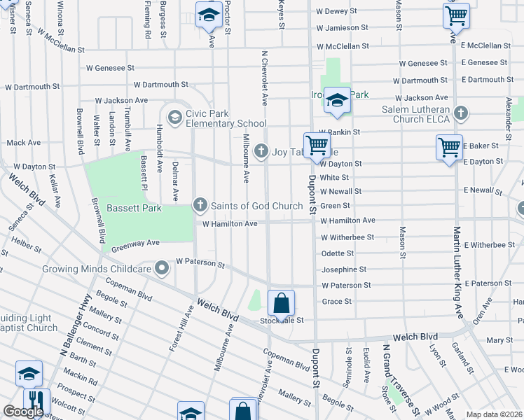 map of restaurants, bars, coffee shops, grocery stores, and more near 2213 North Chevrolet Avenue in Flint