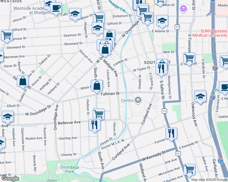 map of restaurants, bars, coffee shops, grocery stores, and more near 508 Tallman Street in Syracuse