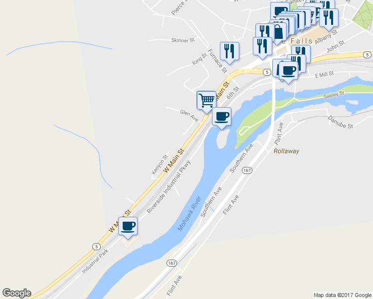 map of restaurants, bars, coffee shops, grocery stores, and more near 347 51 W Main St in Little Falls