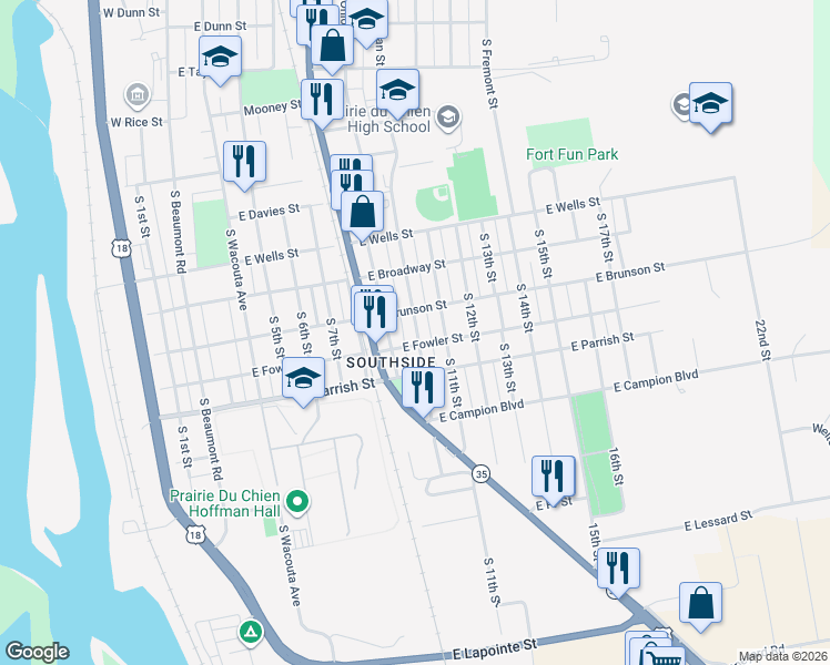 map of restaurants, bars, coffee shops, grocery stores, and more near 1215 South 10th Street in Prairie du Chien