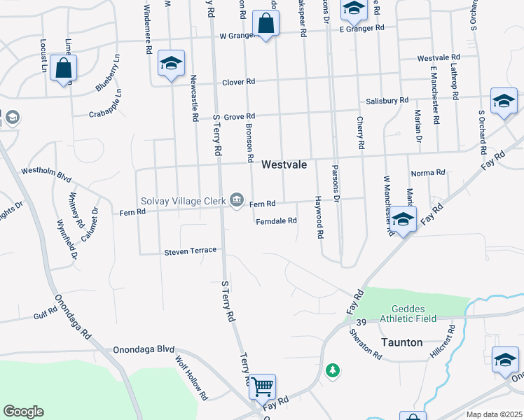 map of restaurants, bars, coffee shops, grocery stores, and more near 600 Bronson Road in Syracuse