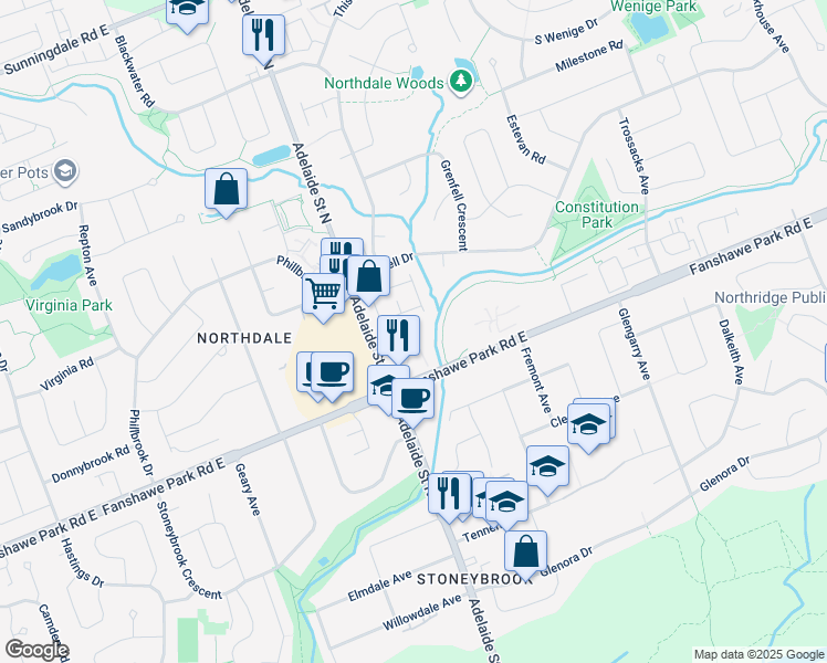map of restaurants, bars, coffee shops, grocery stores, and more near 1580 Adelaide Street North in London
