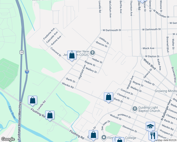 map of restaurants, bars, coffee shops, grocery stores, and more near 3375 Mallery Street in Flint