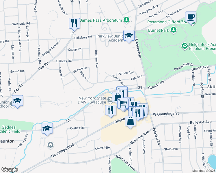 map of restaurants, bars, coffee shops, grocery stores, and more near 1126 Grand Avenue in Syracuse