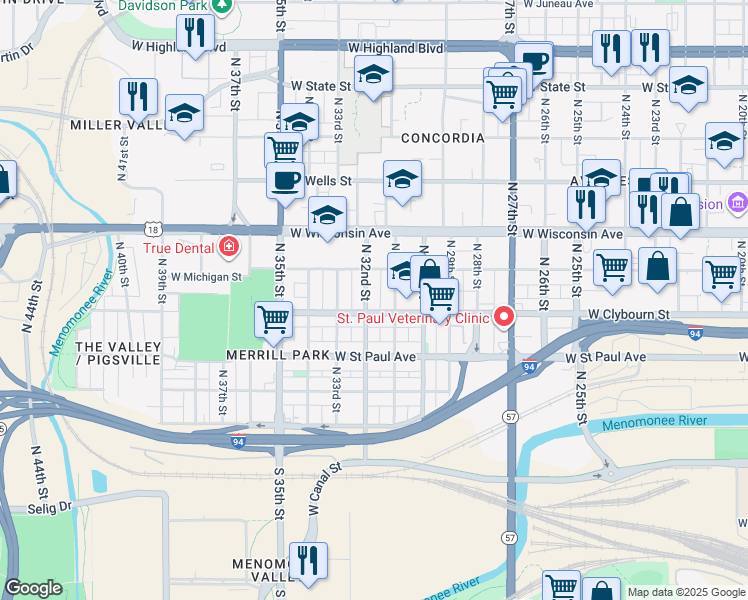 map of restaurants, bars, coffee shops, grocery stores, and more near in Milwaukee