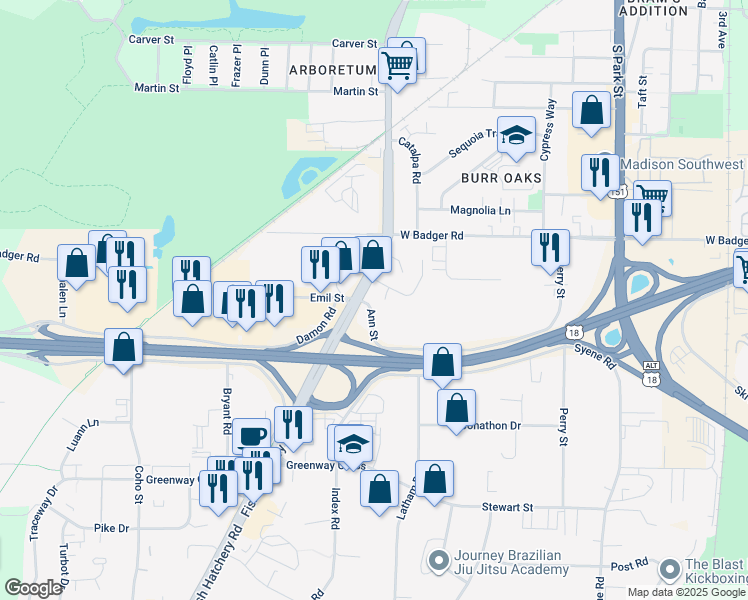 map of restaurants, bars, coffee shops, grocery stores, and more near 2605 Fish Hatchery Road in Madison