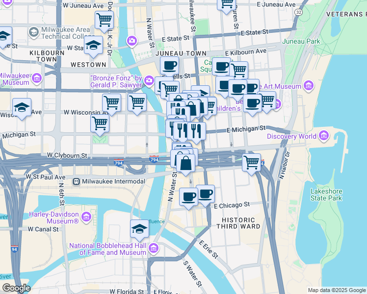 map of restaurants, bars, coffee shops, grocery stores, and more near 310 East Clybourn Street in Milwaukee