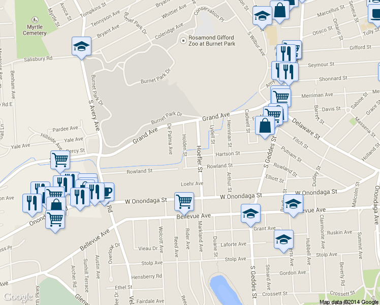map of restaurants, bars, coffee shops, grocery stores, and more near 416 Hartson St in Syracuse