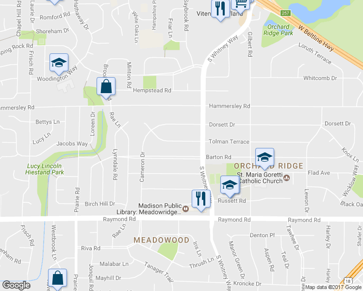 map of restaurants, bars, coffee shops, grocery stores, and more near 5717 Tolman Terrace in Madison