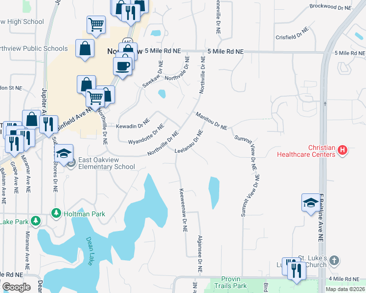 map of restaurants, bars, coffee shops, grocery stores, and more near 2745 Leelanau Drive Northeast in Grand Rapids