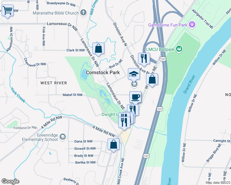 map of restaurants, bars, coffee shops, grocery stores, and more near 53 Lamoreaux Drive Northeast in Comstock Park