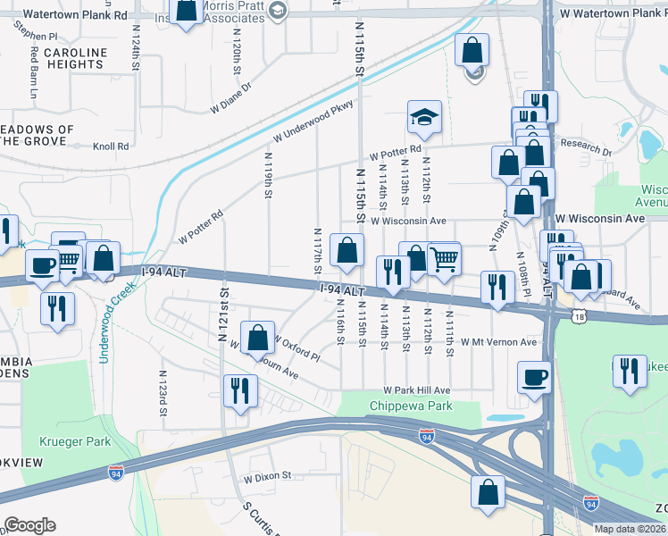 map of restaurants, bars, coffee shops, grocery stores, and more near 503 North 116th Street in Wauwatosa