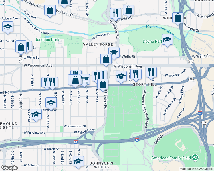 map of restaurants, bars, coffee shops, grocery stores, and more near W Bluemound Rd & N Hawley Rd in Milwaukee
