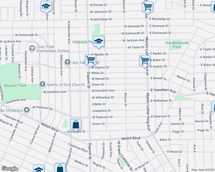 map of restaurants, bars, coffee shops, grocery stores, and more near 2208 Iroquois Avenue in Flint