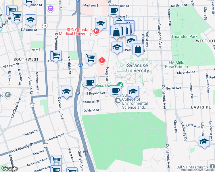 map of restaurants, bars, coffee shops, grocery stores, and more near 1513 Irving Avenue in Syracuse