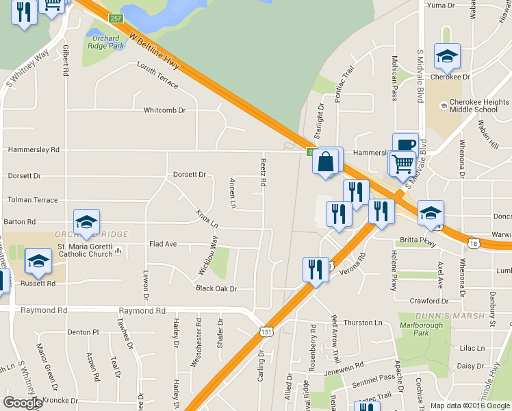 map of restaurants, bars, coffee shops, grocery stores, and more near 4906 Marvin Avenue in Madison