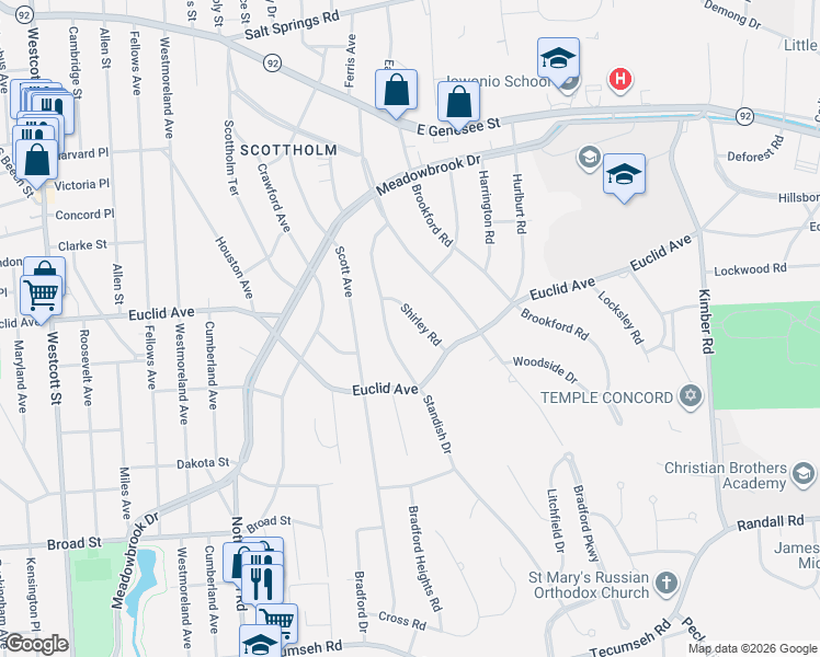 map of restaurants, bars, coffee shops, grocery stores, and more near 207 Standish Drive in Syracuse