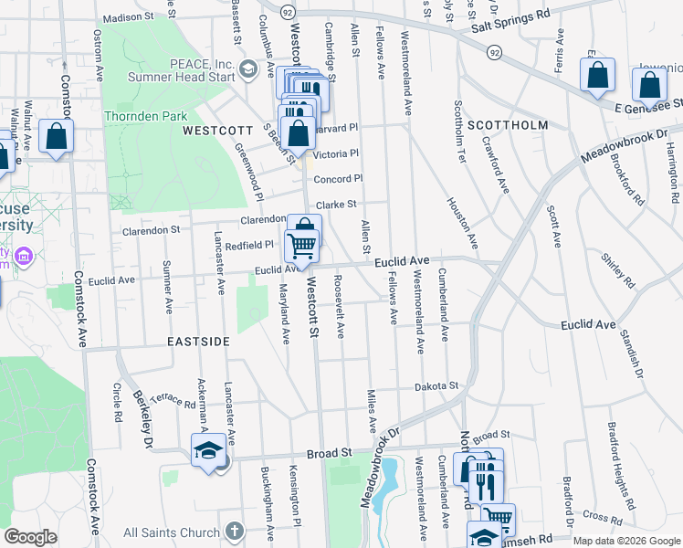 map of restaurants, bars, coffee shops, grocery stores, and more near 101 Roosevelt Avenue in Syracuse