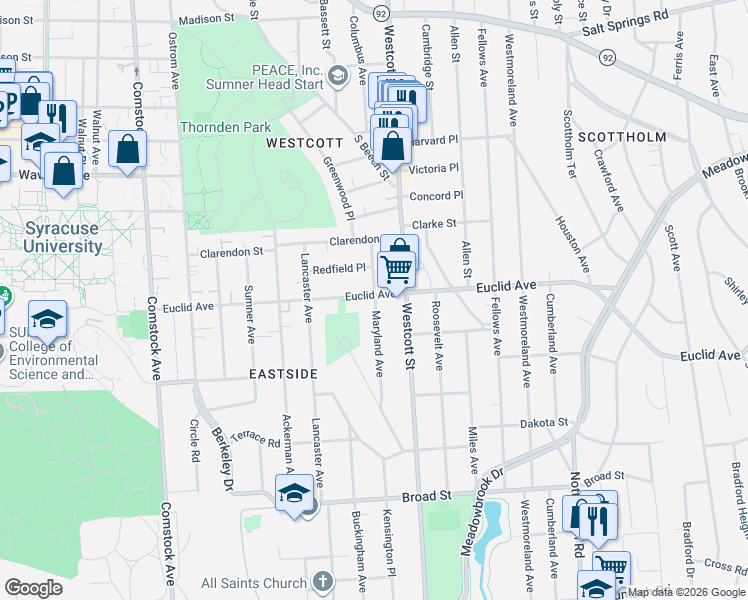 map of restaurants, bars, coffee shops, grocery stores, and more near 800 Maryland Avenue in Syracuse