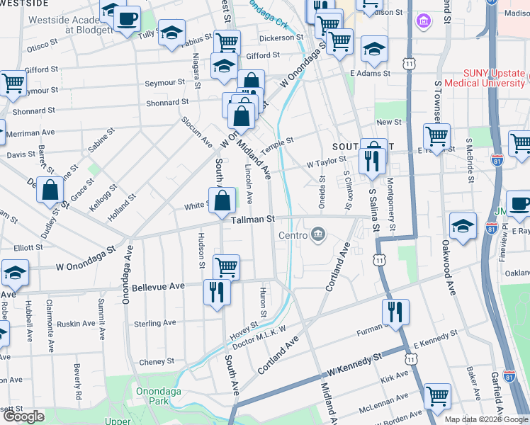 map of restaurants, bars, coffee shops, grocery stores, and more near 508 Tallman Street in Syracuse