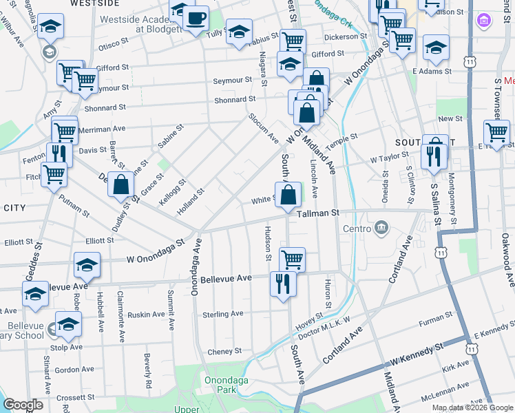 map of restaurants, bars, coffee shops, grocery stores, and more near 123 White Street in Syracuse
