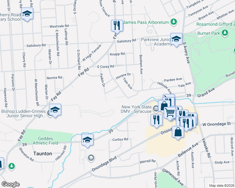 map of restaurants, bars, coffee shops, grocery stores, and more near 102 Leslee Terrace in Syracuse