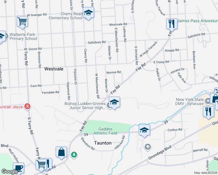 map of restaurants, bars, coffee shops, grocery stores, and more near 101 Ronnell Drive in Syracuse