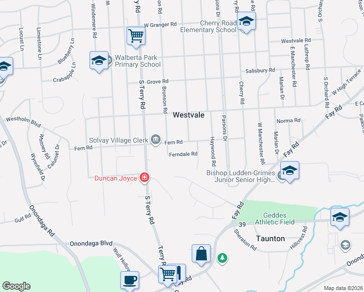 map of restaurants, bars, coffee shops, grocery stores, and more near 407 Fern Road in Syracuse
