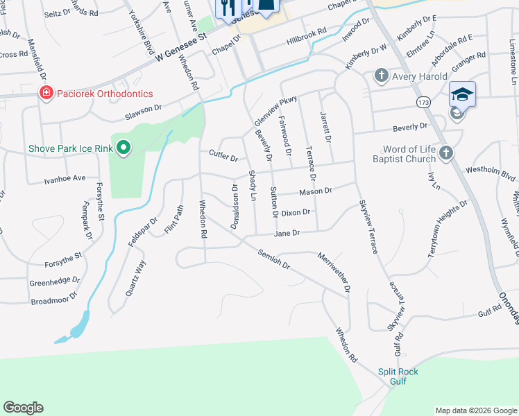 map of restaurants, bars, coffee shops, grocery stores, and more near 117 Shady Lane in Syracuse