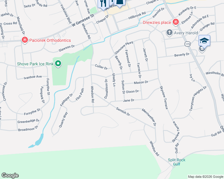 map of restaurants, bars, coffee shops, grocery stores, and more near 117 Shady Lane in Syracuse